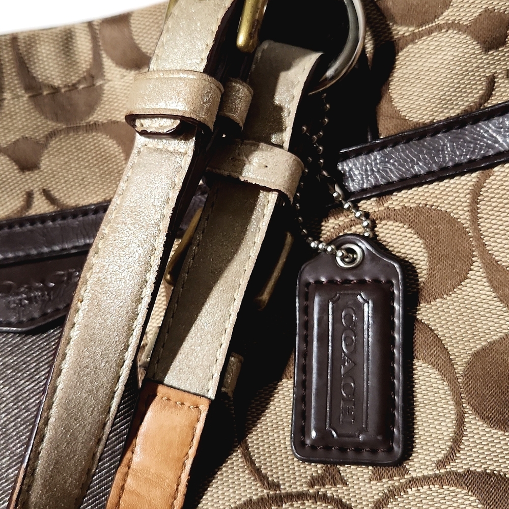 Coach Signature C Stripe Brown Khaki Canvas Shoulder Bag Tote - Picture 15 of 16